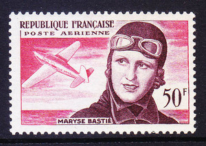 法国邮票 1955年航空票.女飞行员巴斯蒂埃.飞机  新
