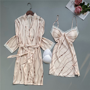 冰丝绸睡衣女ing风性感蕾丝吊带外袍两件套装带胸垫可外穿夏季薄