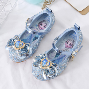 女童公主鞋春秋新款时尚单鞋小女孩魔术贴鞋子蓝色爱莎水晶鞋童鞋