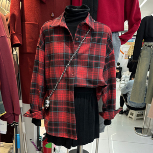 十三行新款复古日系红色格子长袖衬衫女装秋冬显瘦打底衫内搭上衣
