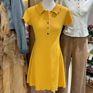 十三行新款法式甜美黄色polo领正肩短袖裙子连衣裙女春夏显瘦短裙