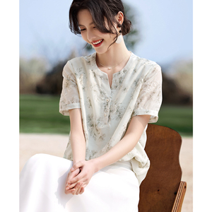 专柜品质印花刺绣设计衬衫女式夏季优雅气质修身显瘦重工V领上衣
