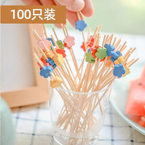 木质一次性水果叉 花型环保竹制牙签儿童装饰100只装水果叉可爱