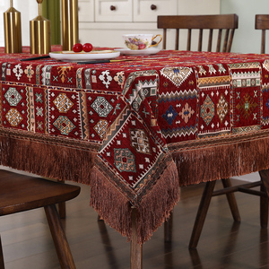美式雪尼尔餐桌布复古少数民族风小众流苏刺绣轻奢长方形台布布艺