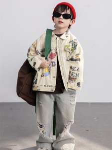 儿童外套春季男童2024新款韩版满印涂鸦开衫上衣男孩帅气翻领夹克