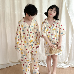 儿童睡衣夏男女童韩版满印水果居家套装兄妹洋气薄款空调家居服潮