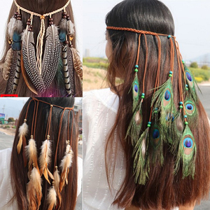 新款波西米亚手工编织发绳旅游拍照百搭孔雀毛头饰 彩色羽毛发带