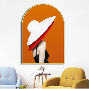 戴帽子的美女人物装饰画现代抽象艺术餐厅壁画客厅沙发拱形挂画