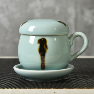 龙泉青瓷名家大号杯子陶瓷办公杯带盖过滤内胆茶水分离四件套茶杯