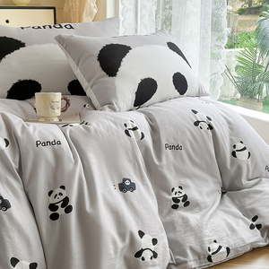 【富山草莓】A类ins卡通熊猫全棉双层纱四件套儿童纯棉被套床笠式