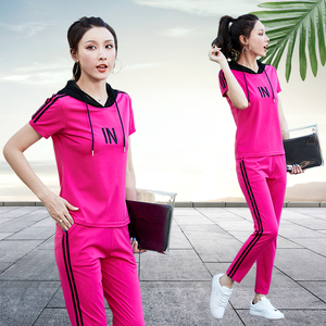 广州十三行运动套装品牌专柜正品女夏装纯棉玫红色休闲服两件套