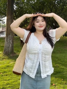大码女装温柔风韩系甜美减龄木耳边V领短袖修身收腰衬衫夏季上衣