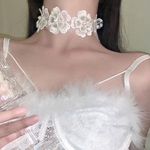白色花朵珍珠项链蕾丝锁骨颈链设计感气质小众腿环配饰高级性感