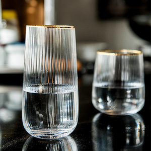 金边透明条纹玻璃杯家用轻奢风客厅水杯威士忌杯啤酒杯酒杯餐厅