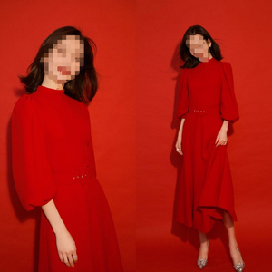 鸥明星同款红色七分袖显瘦中长款连衣裙收腰立领修身小红裙伴娘服