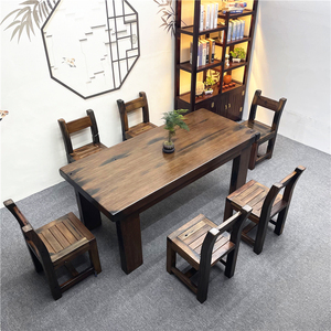 老船木餐桌椅组合户外庭院风化茶桌长方形大板茶台办公会议桌实木