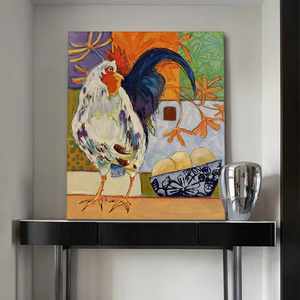 手绘油画抽象艺术客厅装饰画公鸡小众寓意餐厅玄关挂画正方形无框