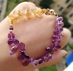 设计款*天然玻利维亚紫水晶巴西橙黄水晶切面水滴手链