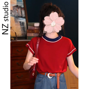 港风复古拼色红色短袖T恤女夏季新款韩版休闲宽松显瘦设计感上衣