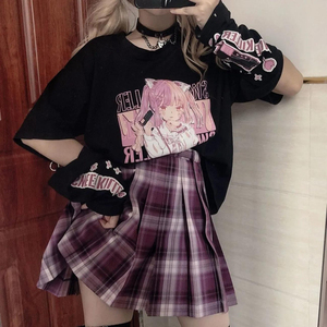 日系JK上衣女设计感拼接两截袖短袖T恤暗黑萝莉甜美创意打底衫夏