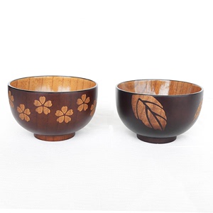 木碗家用米饭碗甜品碗牛奶碗奶茶碗创意雕刻树叶樱花夫妻对碗整木