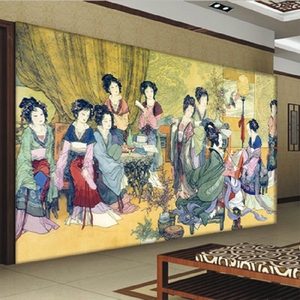 古代美女图仕女图墙纸人物中式古典国画壁纸酒店茶楼宾馆包房背景