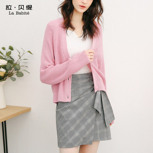 针织开衫女短款拉贝缇春装新款韩版宽松时尚毛衣长袖上衣外套粉色