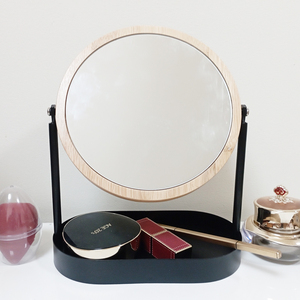家用化妆镜INS双面高级四方双面镜台式竹木质桌面化妆镜