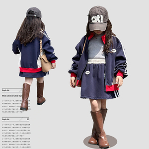 韩版儿童休闲拼色裙套装2023冬装宝宝洋气加绒保暖女童时尚两件套
