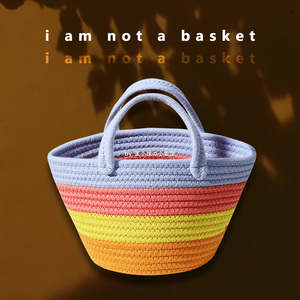 【时髦精の彩虹体质】可爱小众手工棉绳编织彩色条纹手提菜篮桶包