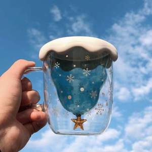 创意圣诞树造型果汁杯彩色内胆星愿咖啡杯带把手高硼硅玻璃双层杯
