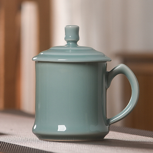 中式茶杯青色陶瓷专用会议接待办公青瓷大容量带盖高端款定制刻字