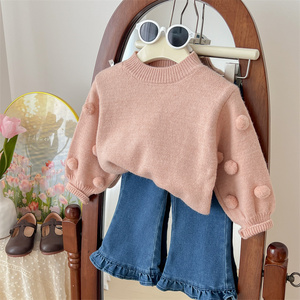 韩国童装女童针织毛衣春秋装新款洋气儿童女宝宝毛球圆领毛线上衣
