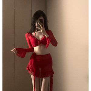 红色新款比基尼四件套分体泳衣女高级感纯欲网红风性感小胸显瘦夏