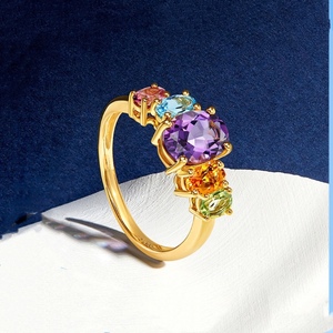 新款925银镶嵌天然多宝戒指女紫水晶黄水晶橄榄石开口戒指彩宝
