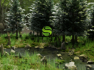 blender模块化森林3D模型 池塘溪流岩石树木草丛自然场景素材4216