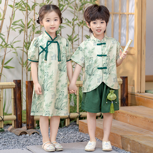 汉服男童新中式儿童夏季唐装套装2024新款女童国风六一表演出服