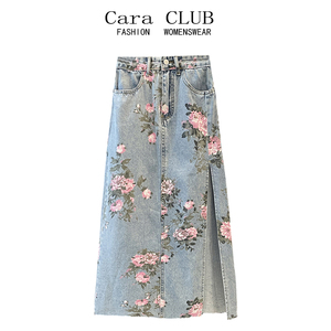 Cara CLUB大码设计感开叉牛仔半身裙女夏季高腰显瘦中长款包臀裙