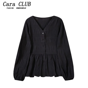 Cara CLUB大码法式V领开衬黑色衬衫春季新款女装遮肚收腰减龄上衣