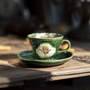 日本原装进口濑户烧釉下彩咖啡杯绿色杯碟复古小众设计感设计师款