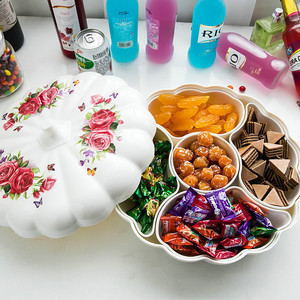 创意南瓜干果盘分格带盖过年糖果盘零食盒家用塑料水果盘客厅收纳