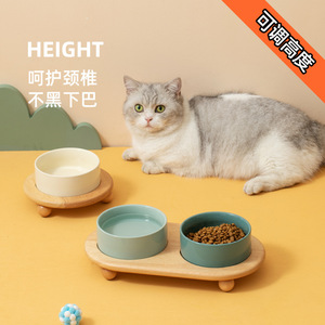 陶瓷猫碗大狗食盆可调节猫咪粮碗饮水碗双碗保护颈椎防打翻带架子