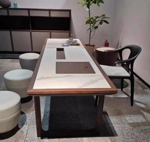 传世黑胡桃木长方形茶台北欧现代简约大理石实木餐桌岩板泡茶桌