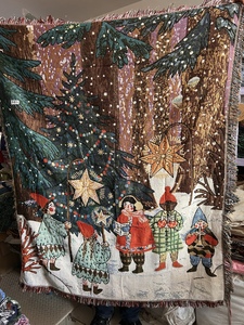 涤棉混纺圣诞树挂毯小熊线毯圣诞节装饰桌布沙发巾盖毯