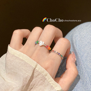 chocho/夏天彩色爱心多巴胺串珠戒指小众设计感甜美可爱开口指环