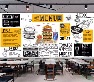 手绘汉堡披萨店墙纸西式快餐厅装饰壁纸咖啡厅奶茶店蛋糕面包壁画