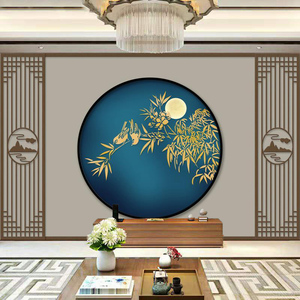 新中式自带边框古典圆形花鸟墙布电视背景墙壁纸客厅沙发卧室壁画
