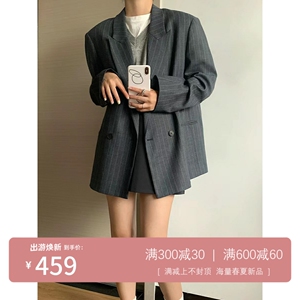 WFYO/2024春秋新款灰色条纹西装外套女高级小众宽松休闲垫肩西服