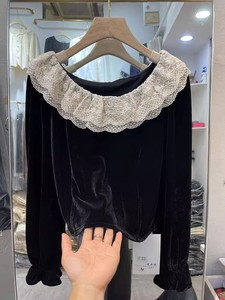 蕾丝荷叶领黑色丝绒衬衫女22秋冬新款设计感法式小众上衣打底小衫