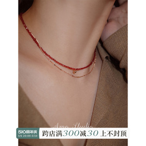 AMO一条红绳天然红玛瑙项链女纯银轻奢小众转运金珠细锁骨链显白